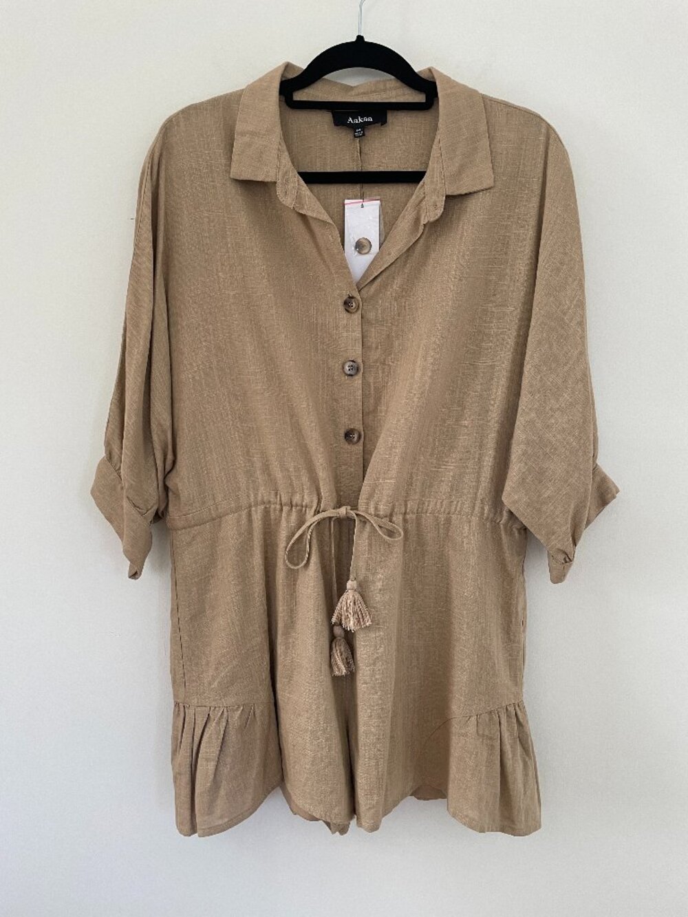 NWT Aakaa straw colored short sleeve button up romper